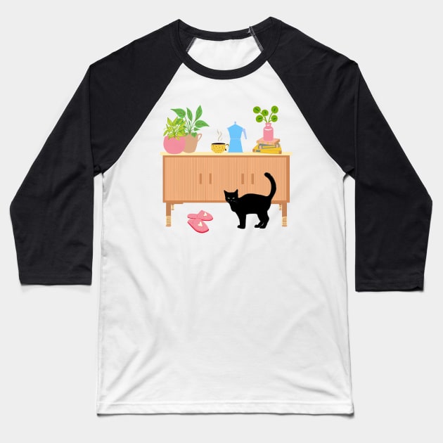 Black cat in the living room Baseball T-Shirt by monicasareen